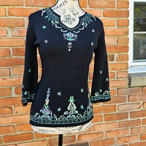 VTG Joseph A. Black Ribbed Knit Top – Embroidered & Sequin Detail | S-M FIT